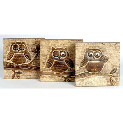 Mango Wood Set Of 3 Owl Wall Plaques